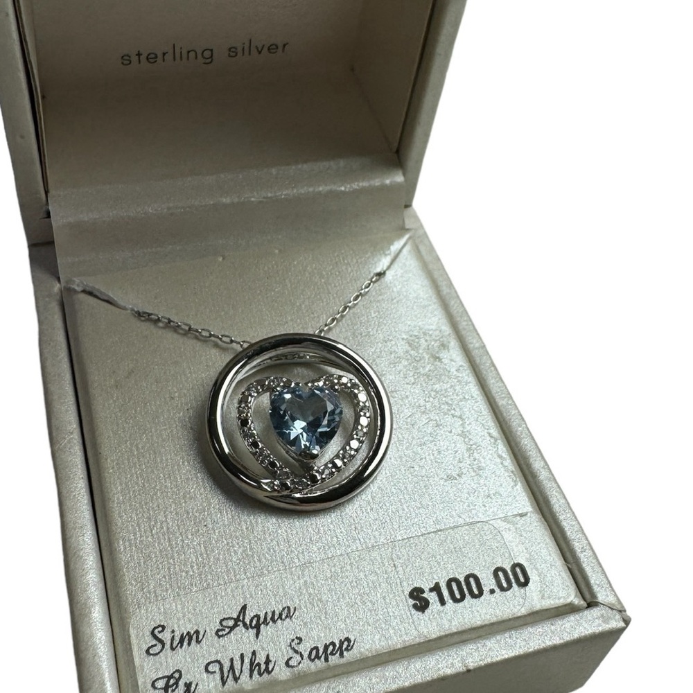 Sterling Silver Lab Created White Sapphire Simulated Blue Aqua Heart Pendant